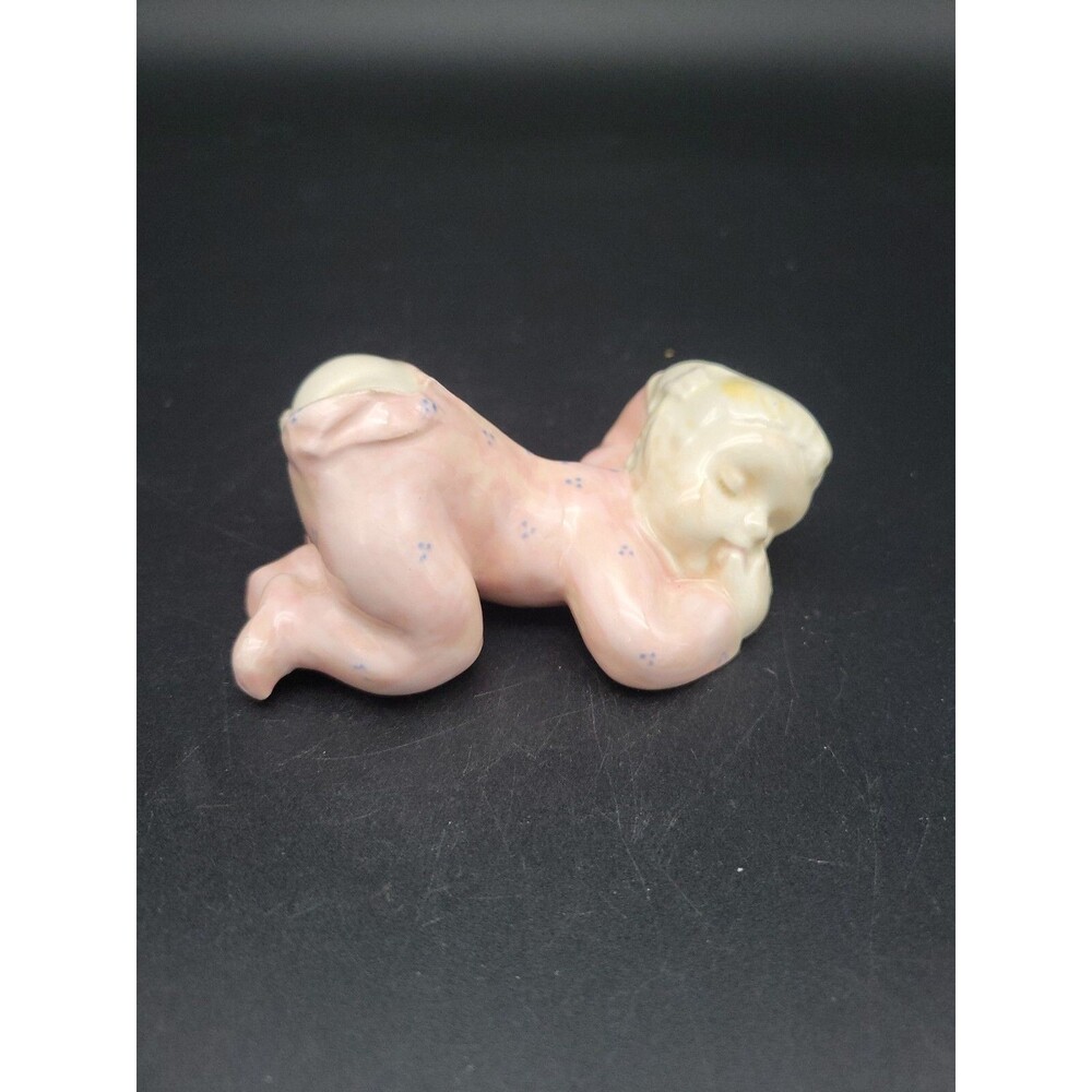 Vintage Pink Ceramic Baby Figurine Sucking Thumb Bare Bottom Signed Vtg Newborn